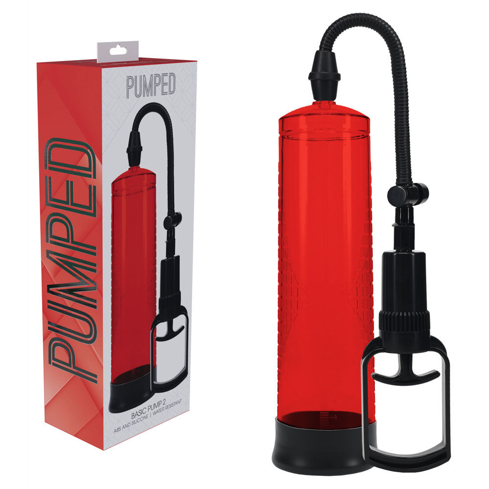 Basic transparent penis pump with measurement cylinder and soft silicone entry sleeve for erectile support and enhancement, red | Flirty bay online adult store, adult toys and lingerie